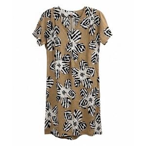 Gerry Weber Collection 100% Linen Floral Ikat Shift Dress Tan Black White Sz 8